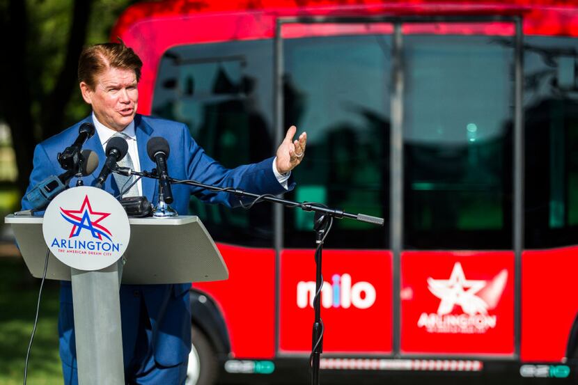 Arlington Mayor Jeff Williams spoke last August as Arlington launched Milo, a free shuttle...