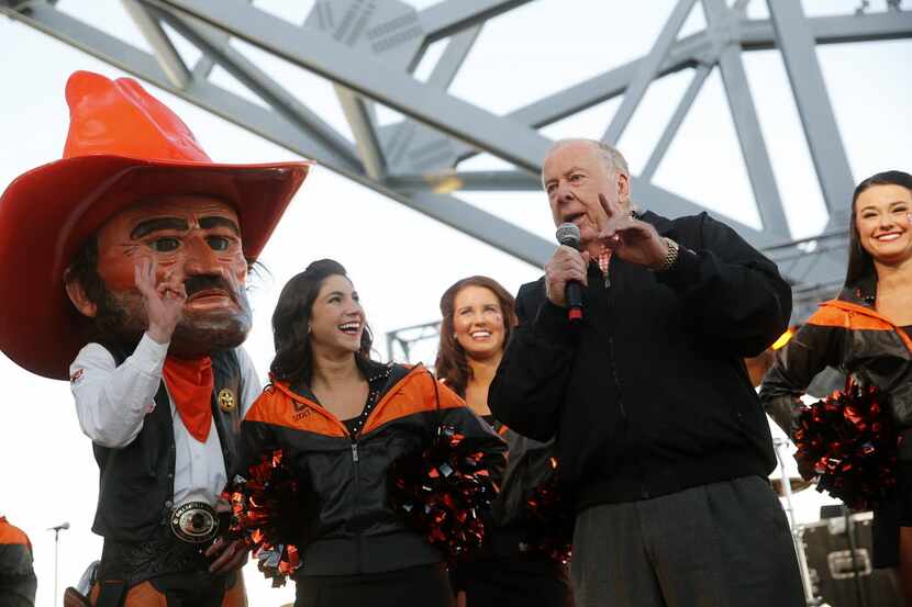 Oklahoma State alum T. Boone Pickens, Jr. fires up the Cowboy fan base during a tailgate...