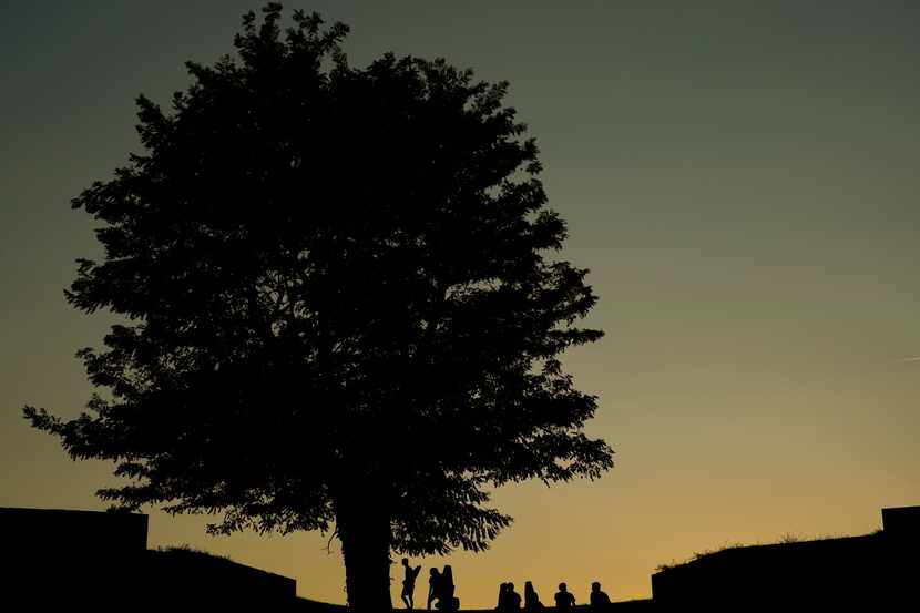 People are silhouetted alongside a tree as a dusk draws on a summer evening in Pamplona,...