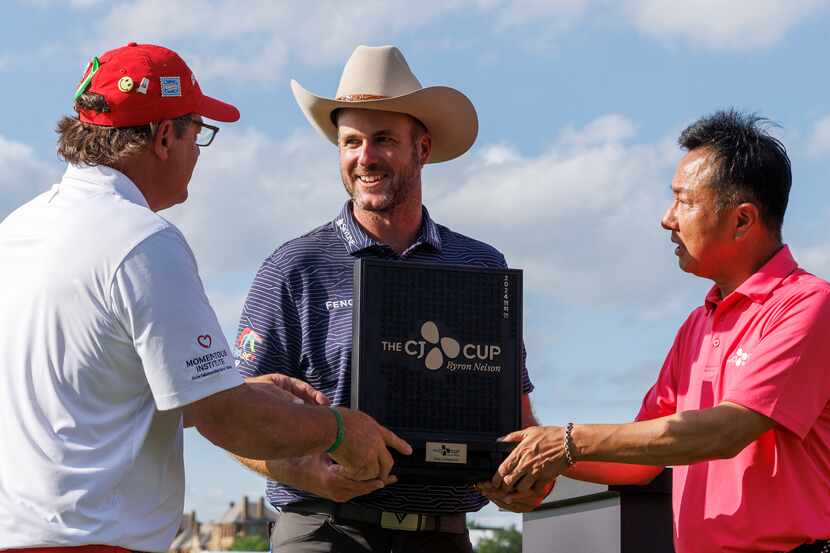 James Esquivel, The CJ Cup Byron Nelson tournament chairman (left), and Wookho Kyeong,...