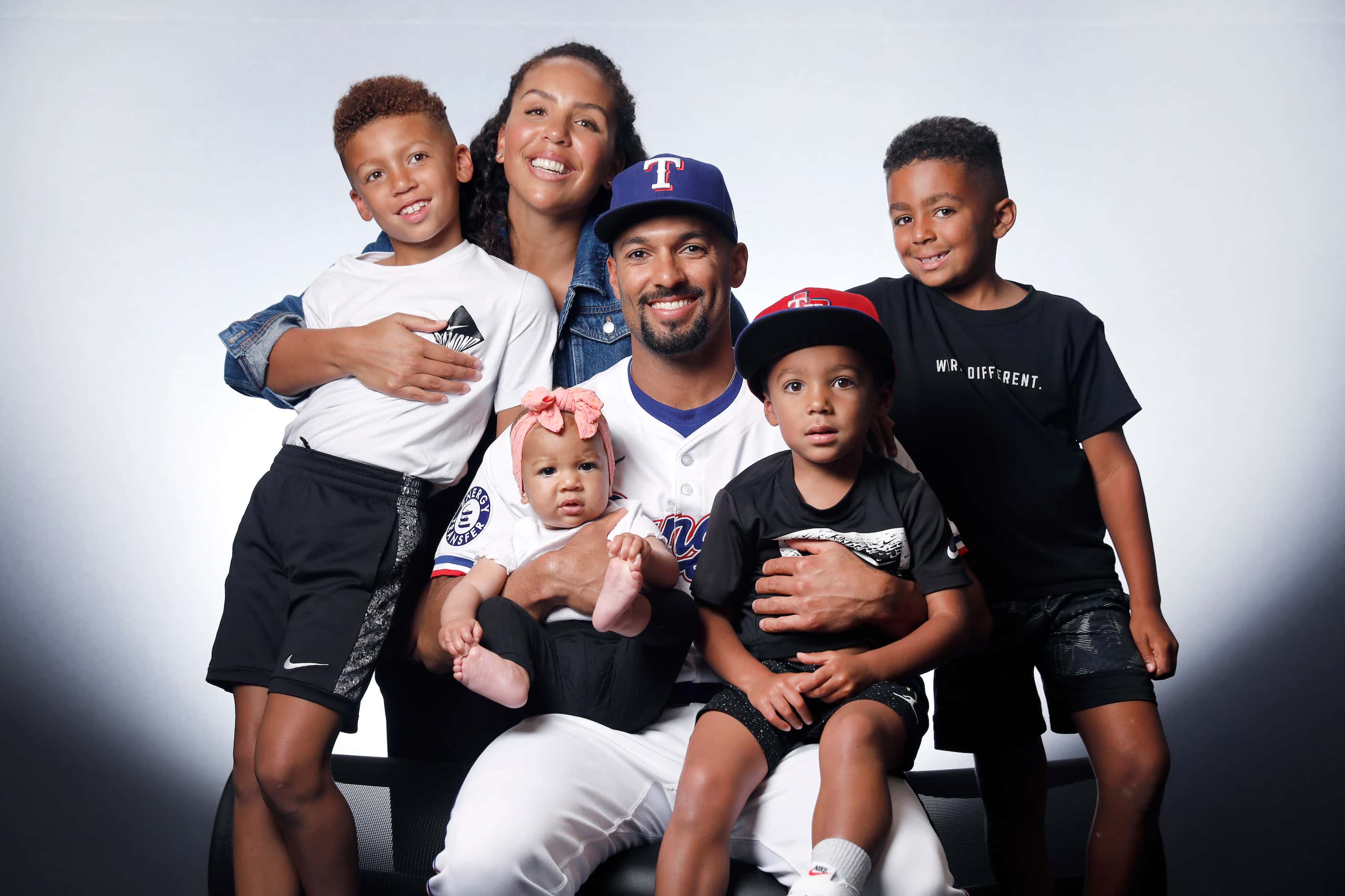 Texas Rangers Marcus Semien and his wife Tarah and children (from left) Isaiah, Amelie, Eli...