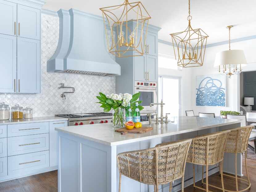 kitchen with baby blue cabinets