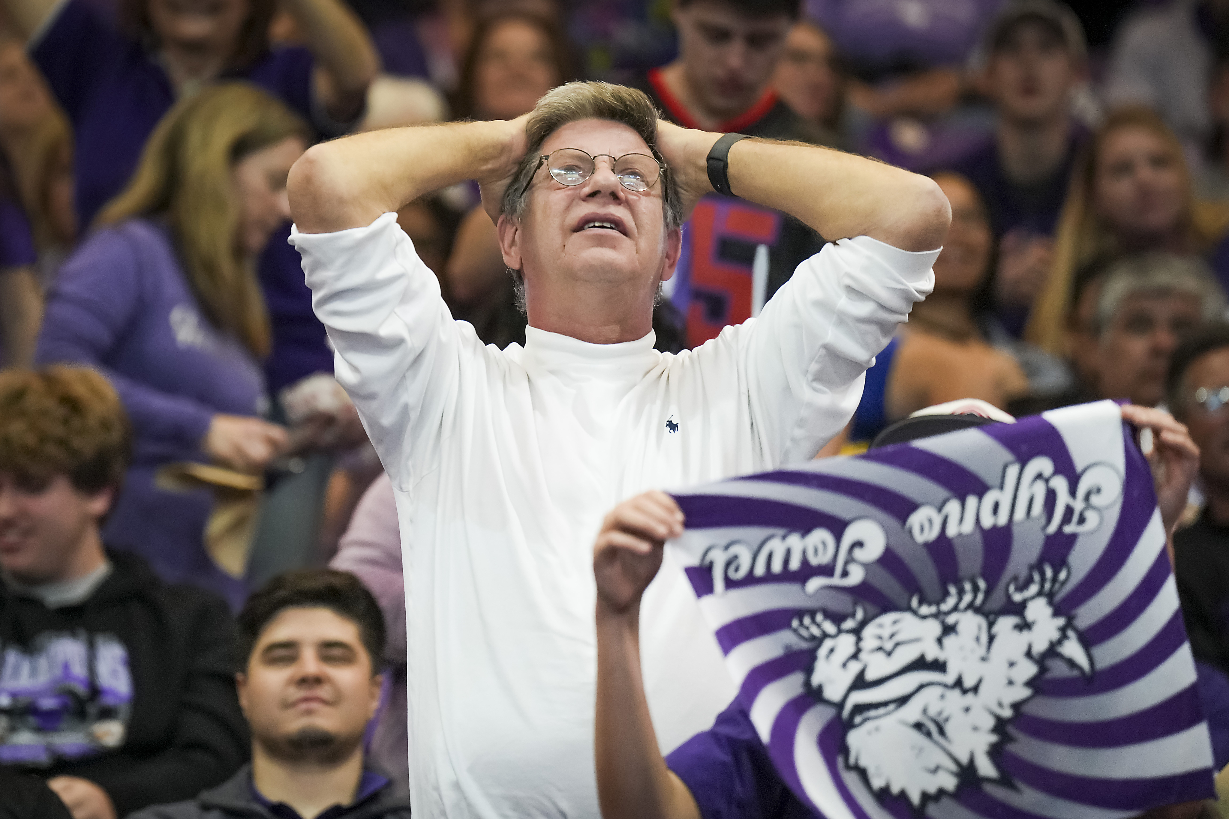 TCU fans react to a play during a College Football Playoff National Championship game watch...