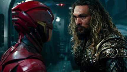 Ezra Miller, left, and Jason Momoa in a scene from "Justice League."