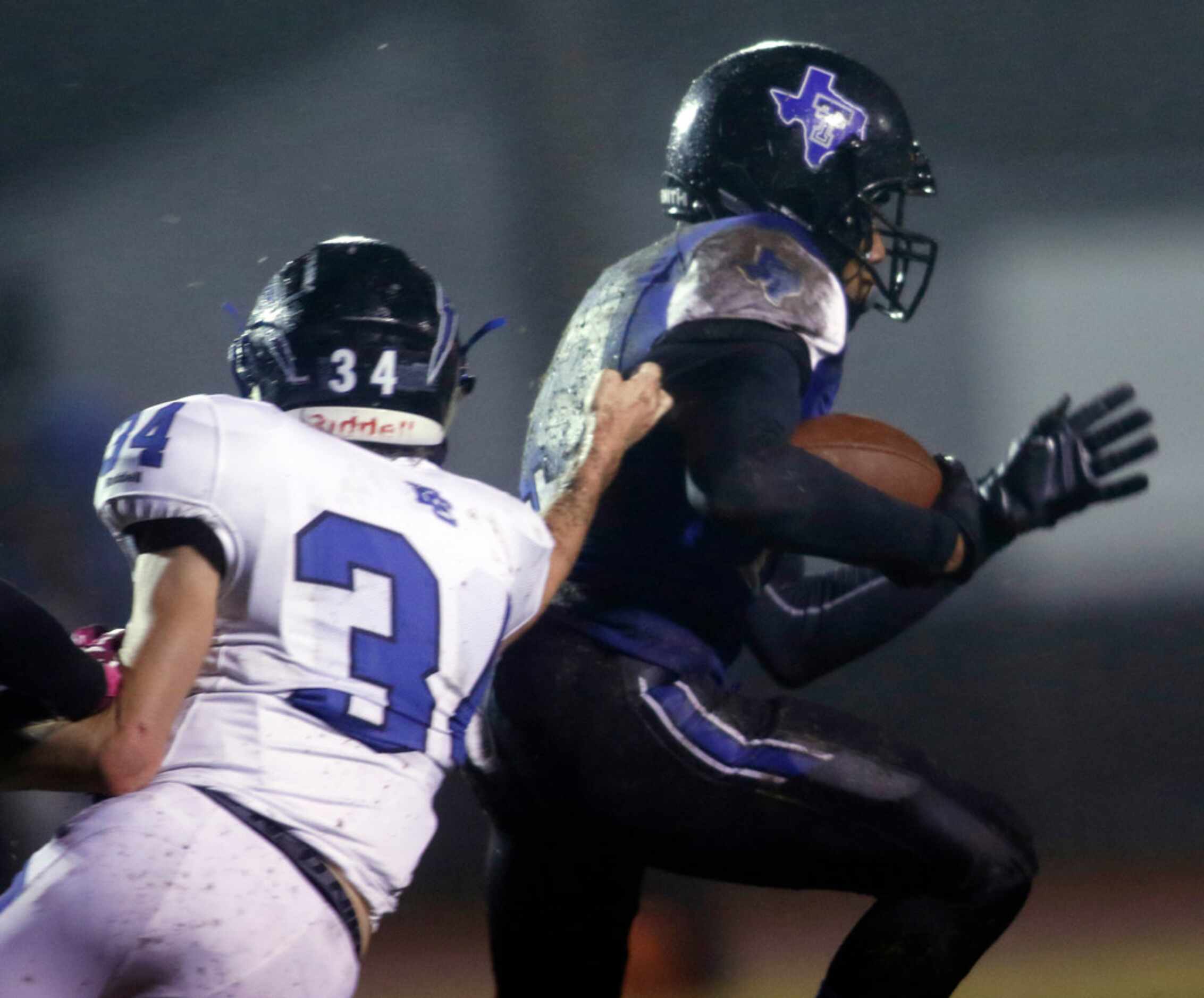 Trinity Christian-Cedar Hill running back Dez Moultrie (23) bolts up the middle as Dallas...