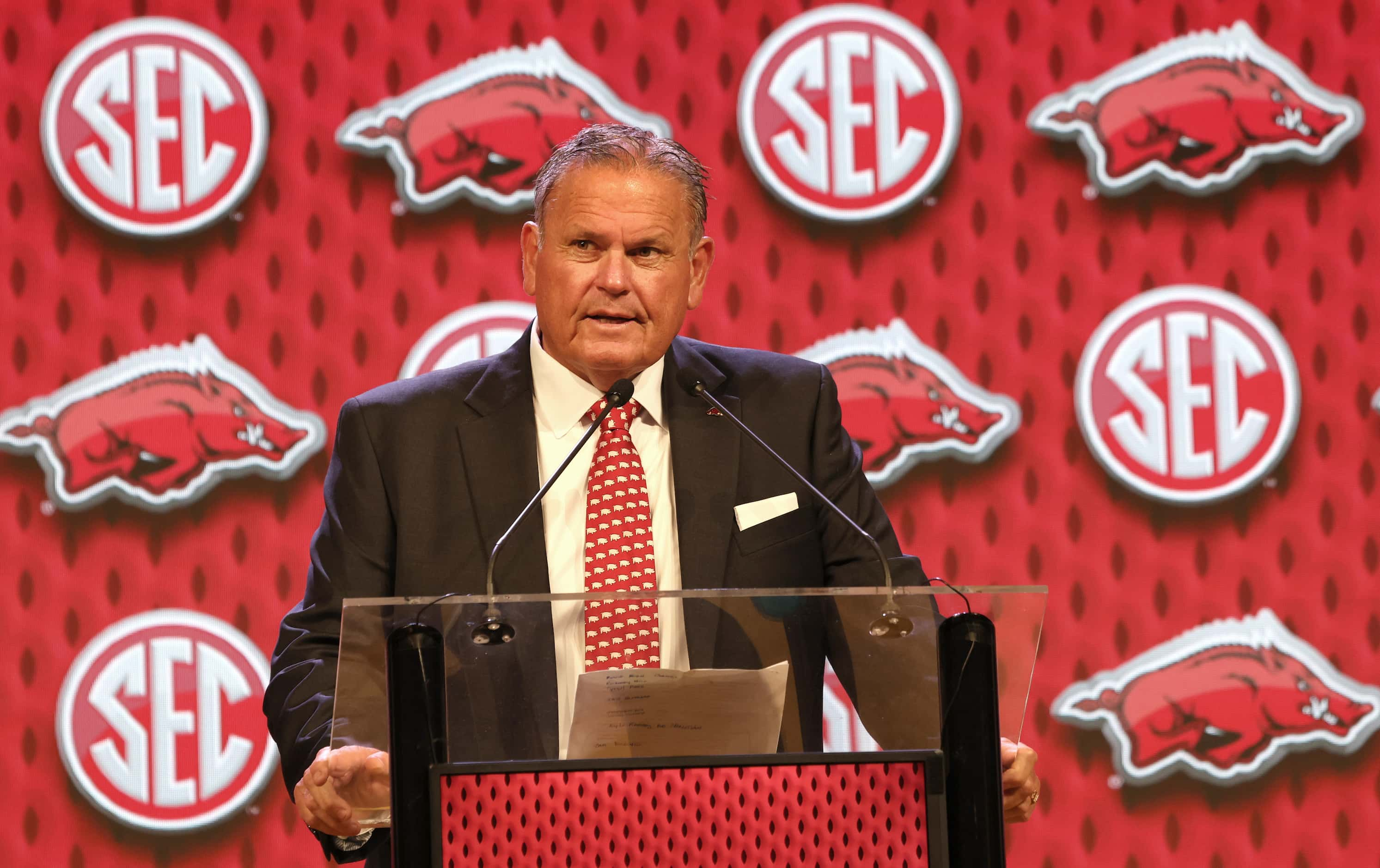 Arkansas head football coach Sam Pittman speaks of his team's preparations in advance of the...