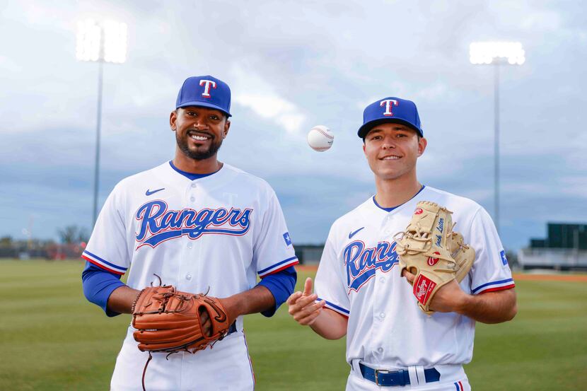 Texas Rangers pitchers Kumar Rocker, and Jack Leiter are pictured during photo day at the...