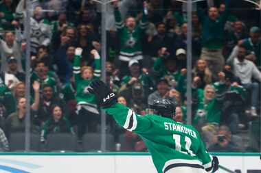 Dallas Stars center Logan Stankoven celebrates the third goal during the first period of an...