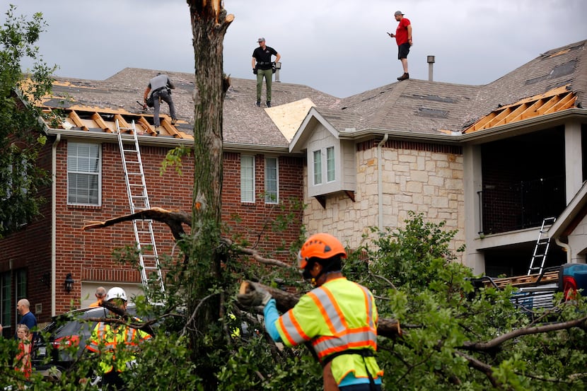 Oliver Drive in North Fort Worth was a hub of activity as crews covered damaged rooftops and...