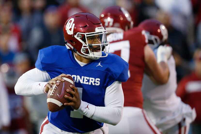 Oklahoma quarterback Jalen Hurts (1) during an NCAA college football intra-squad spring game...