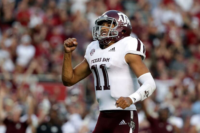 COLUMBIA, SC - OCTOBER 13:  Kellen Mond #11 of the Texas A&M Aggies reacts after a touchdown...
