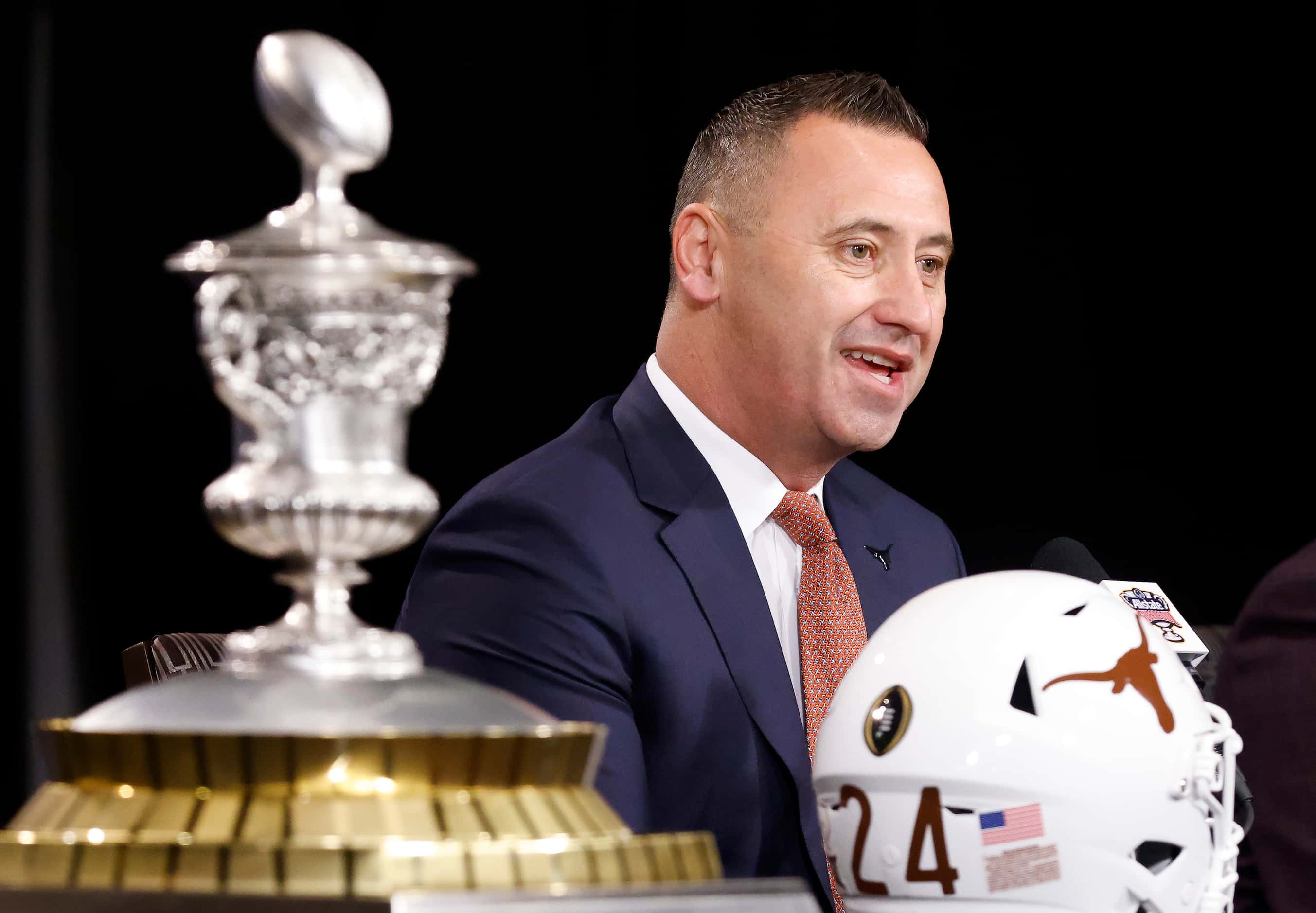 Texas head coach Steve Sarkisian answers questions from the media before the Sugar Bowl...