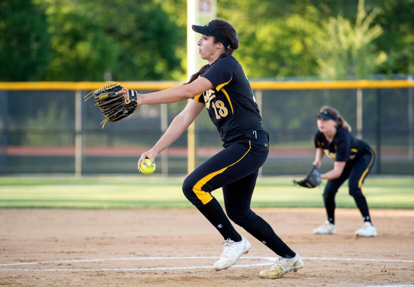 Plano East freshman starting pitcher Carson Armijo (13) works against Flower Mound Marcus...