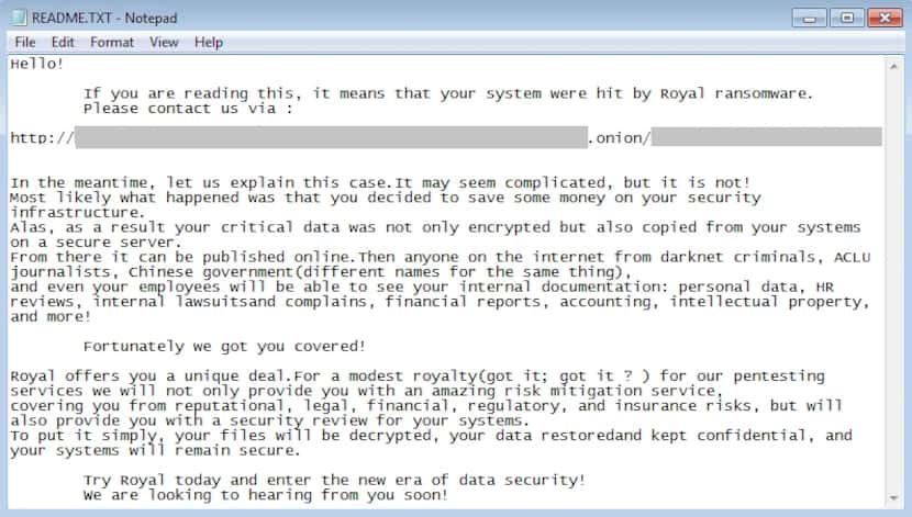 An example of how Royal ransomware gives instructions to its victims.