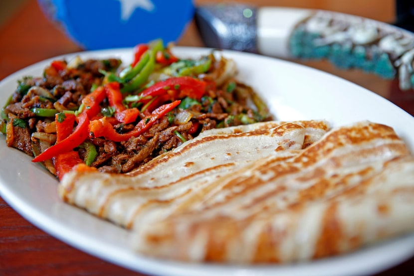 A plate of beef suqaar with canjeera at Iby Restaurant in Richardson