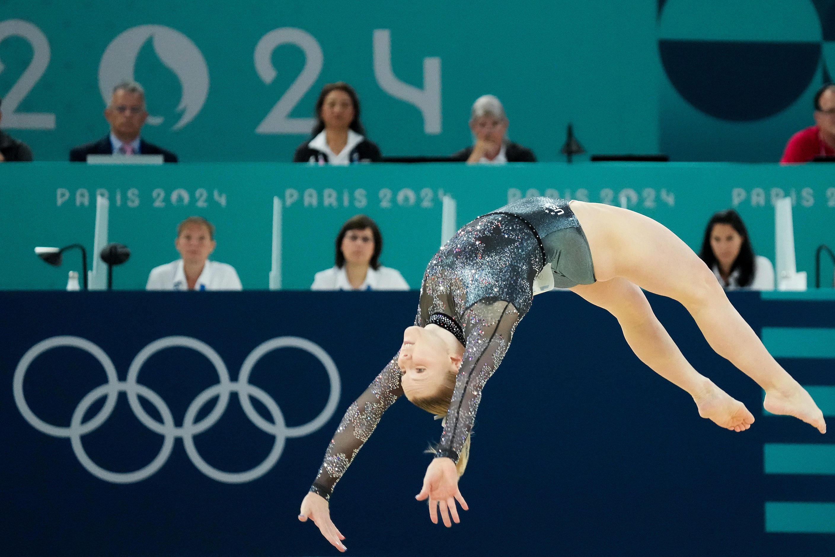 Jade Carey of the United States competes on the floor during women’s gymnastics qualifying...