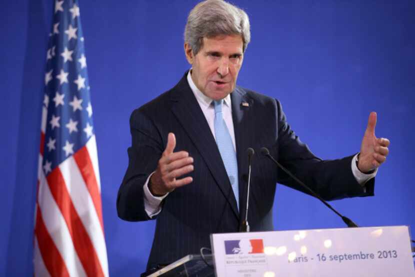 US Secretary of State John Kerry speaks during a press conference after talks with French...