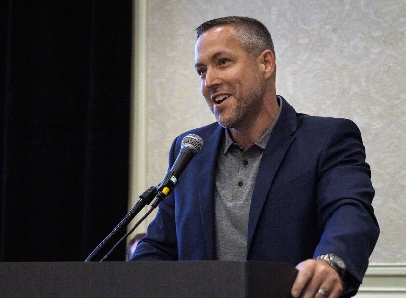 J.D. Greear, candidate for president of the SBC, speaks at a meeting at the Southern Baptist...