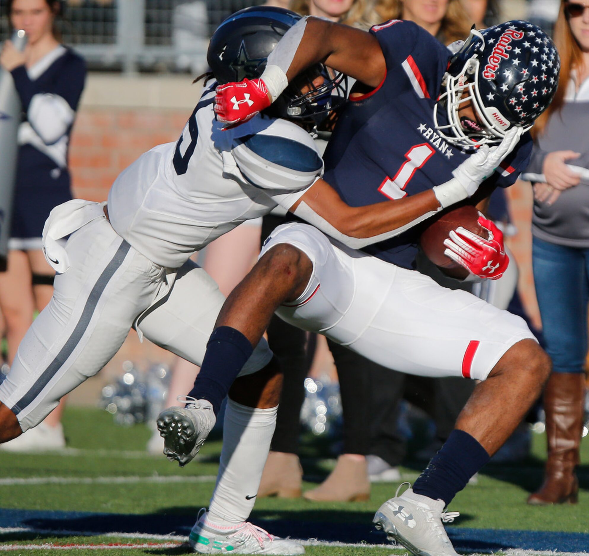 Lone Star High School outside linebacker Toren Pittman (15) was called for a facemark on...