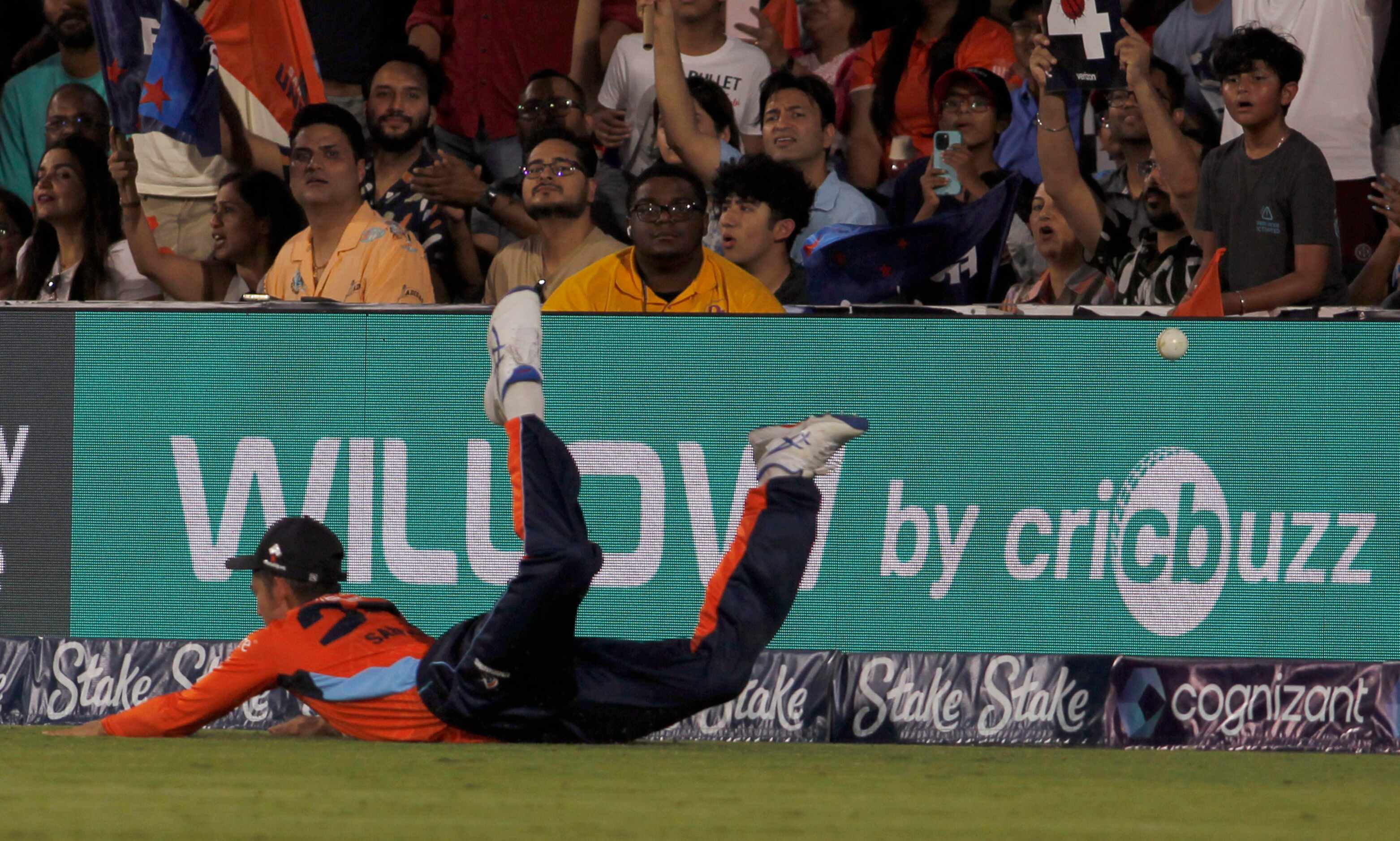 San Francisco Unicorns' Sanjay Krishnamirthi (27) dives but is unable to make a stop on a...