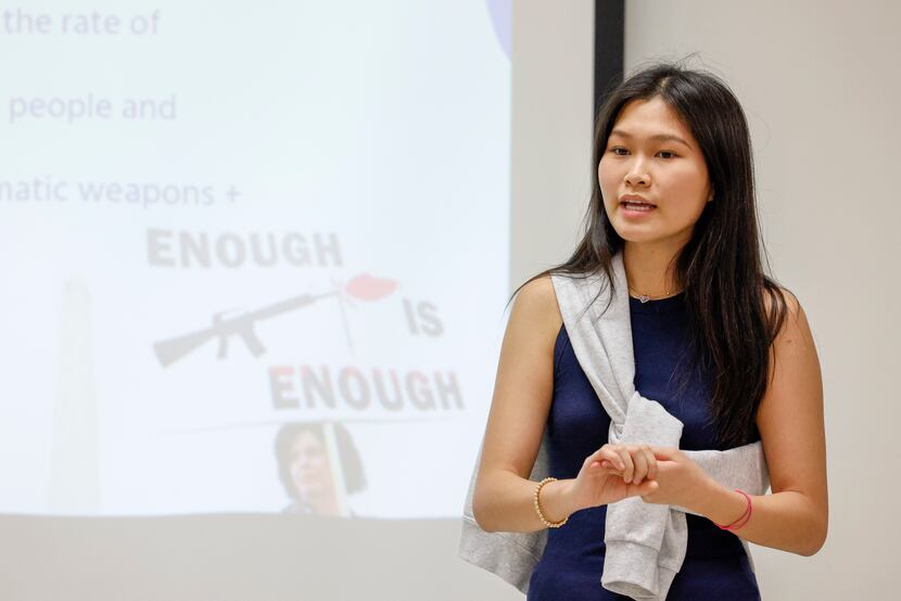 Director of outreach Katie Chou speaks about the history of gun laws during a Politics for...