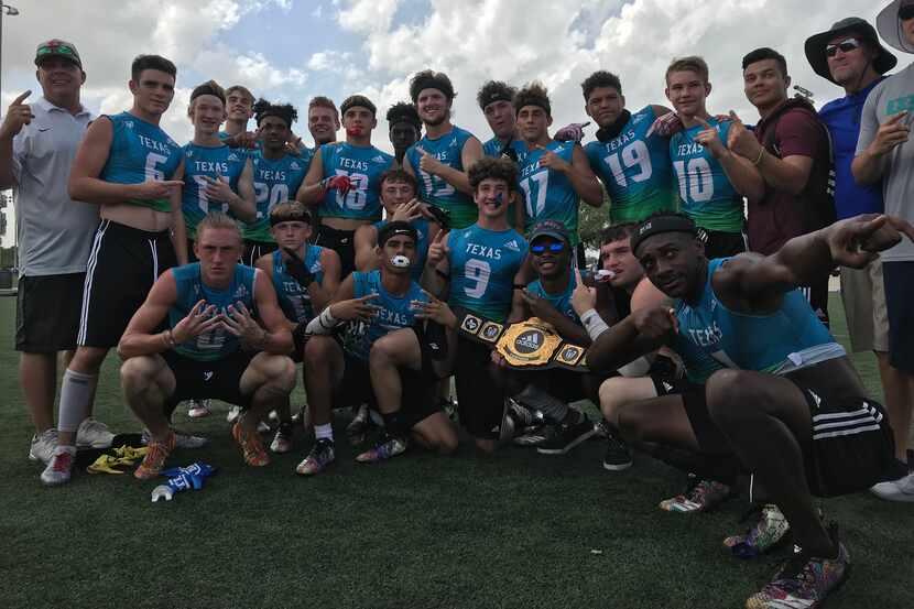 Midlothian Heritage celebrates with its championship belt after winning the state 7-on-7...
