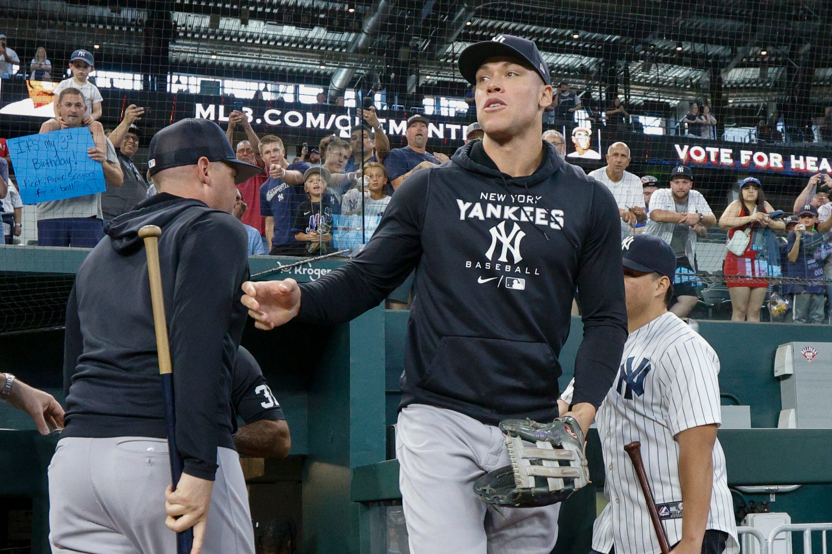 New York Yankees right fielder Aaron Judge (99) takes the field before a MLB game against...