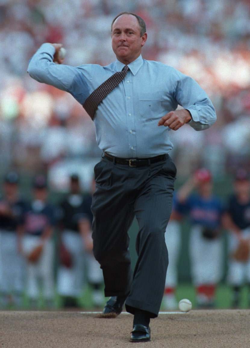 Rangers great Nolan Ryan throws out the first pitch at the 1995 MLB All-Star game in Arlington.