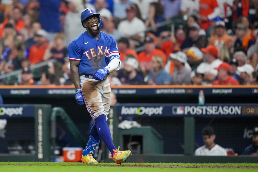 Texas Rangers right fielder Adolis Garcia (53) celebrates after hitting a home run during...