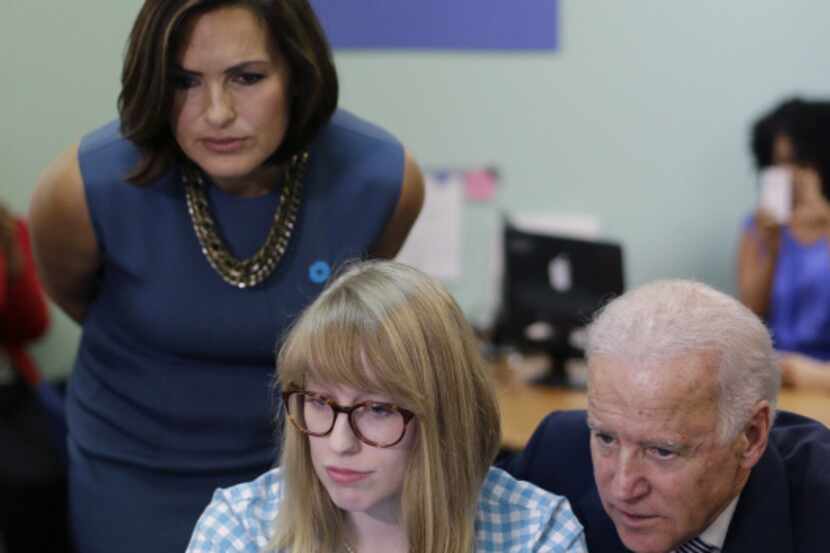Vice President Joe Biden and actress Mariska Hargitay (left) visited the headquarters of the...