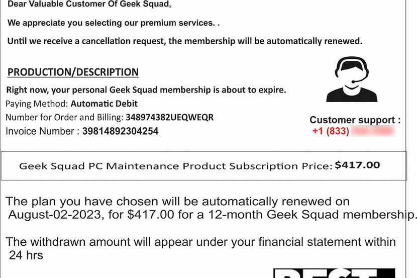 A fake Geek Squad invoice sent to Jim Rossman.  Invoices like these are phishing attempts...