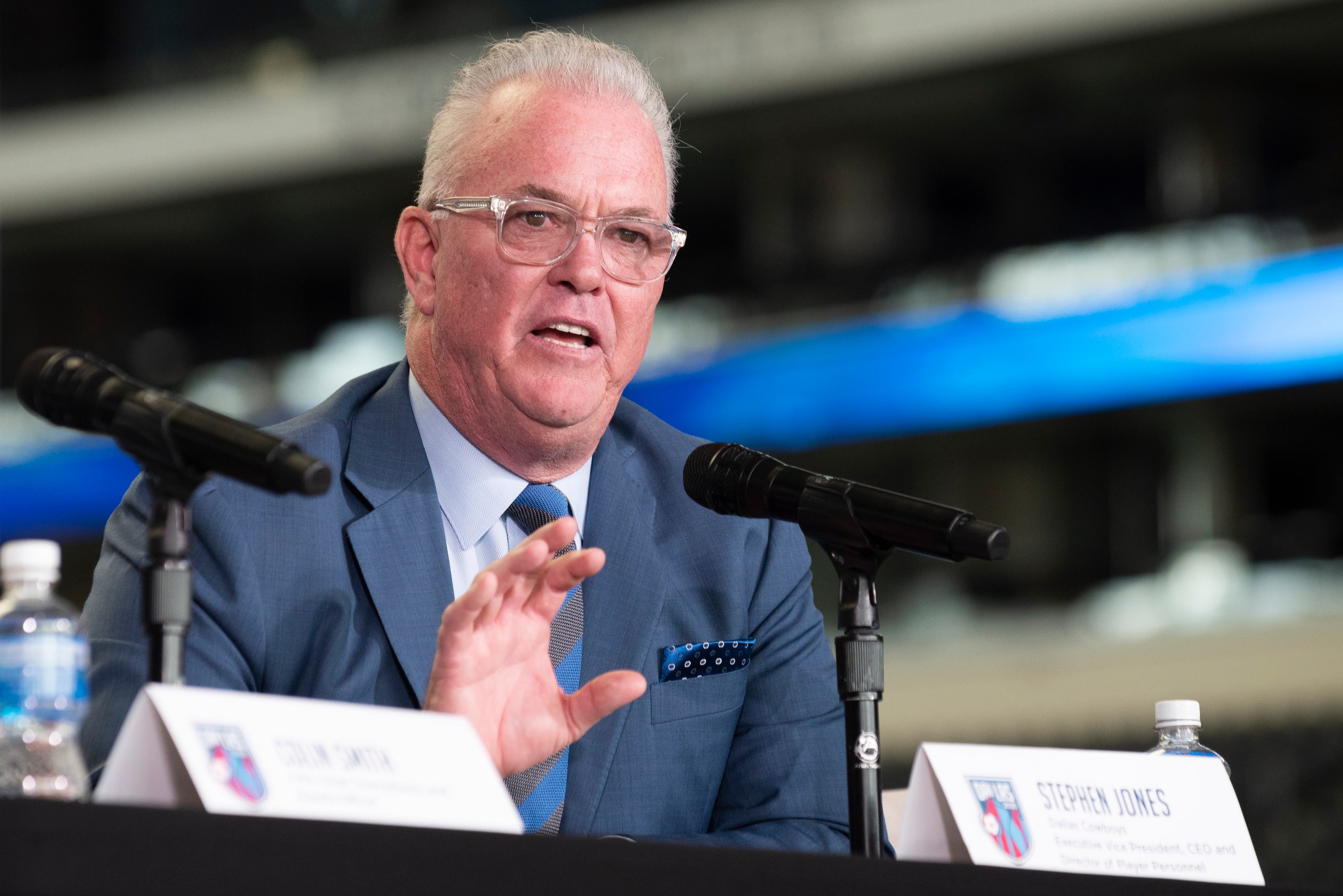 Dallas Cowboys Executive Vice President Stephen Jones, speaks during a press conference...