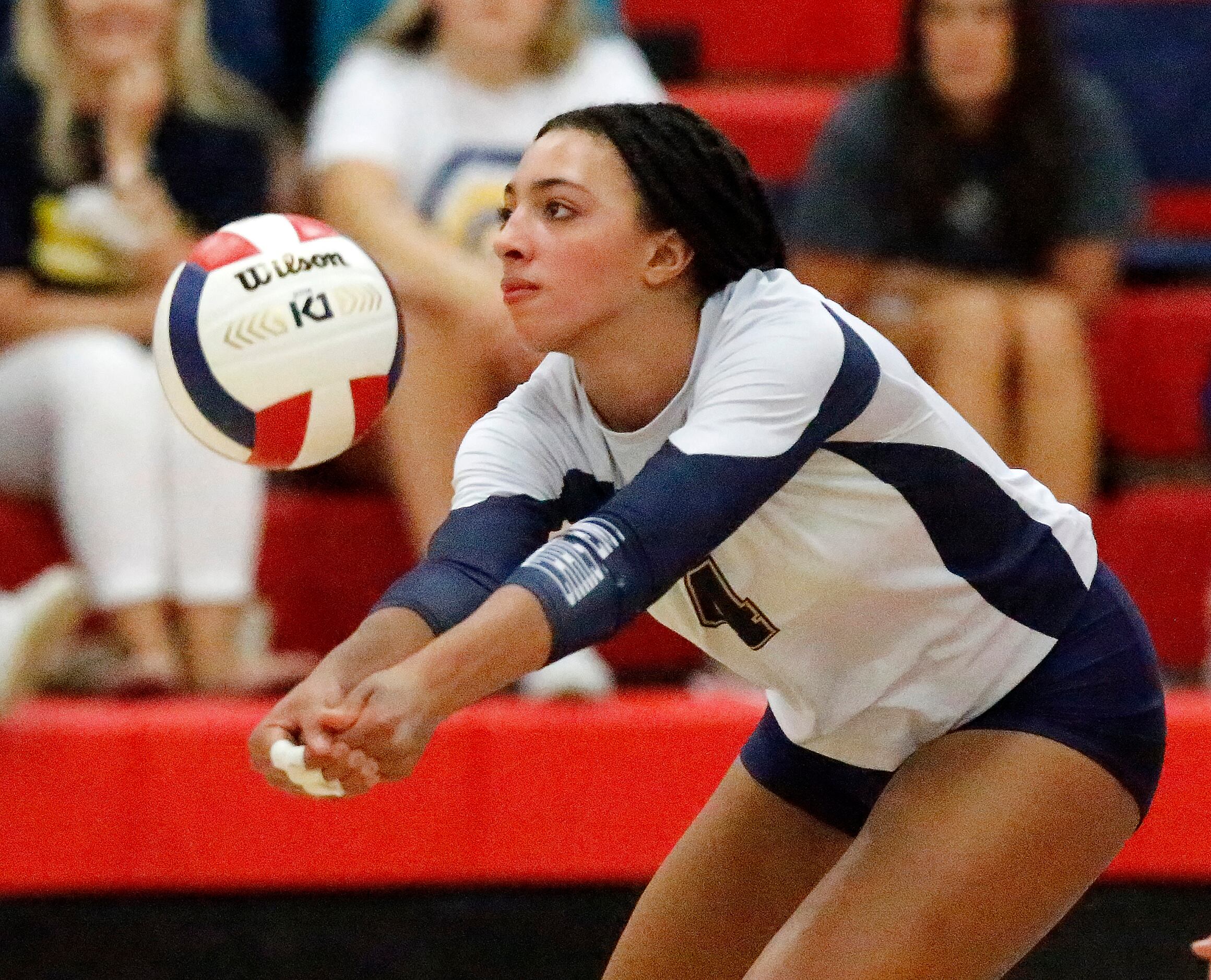 Prestonwood Christian Academy outside hitter Jadyn Livings (4) makes a pass during game two...