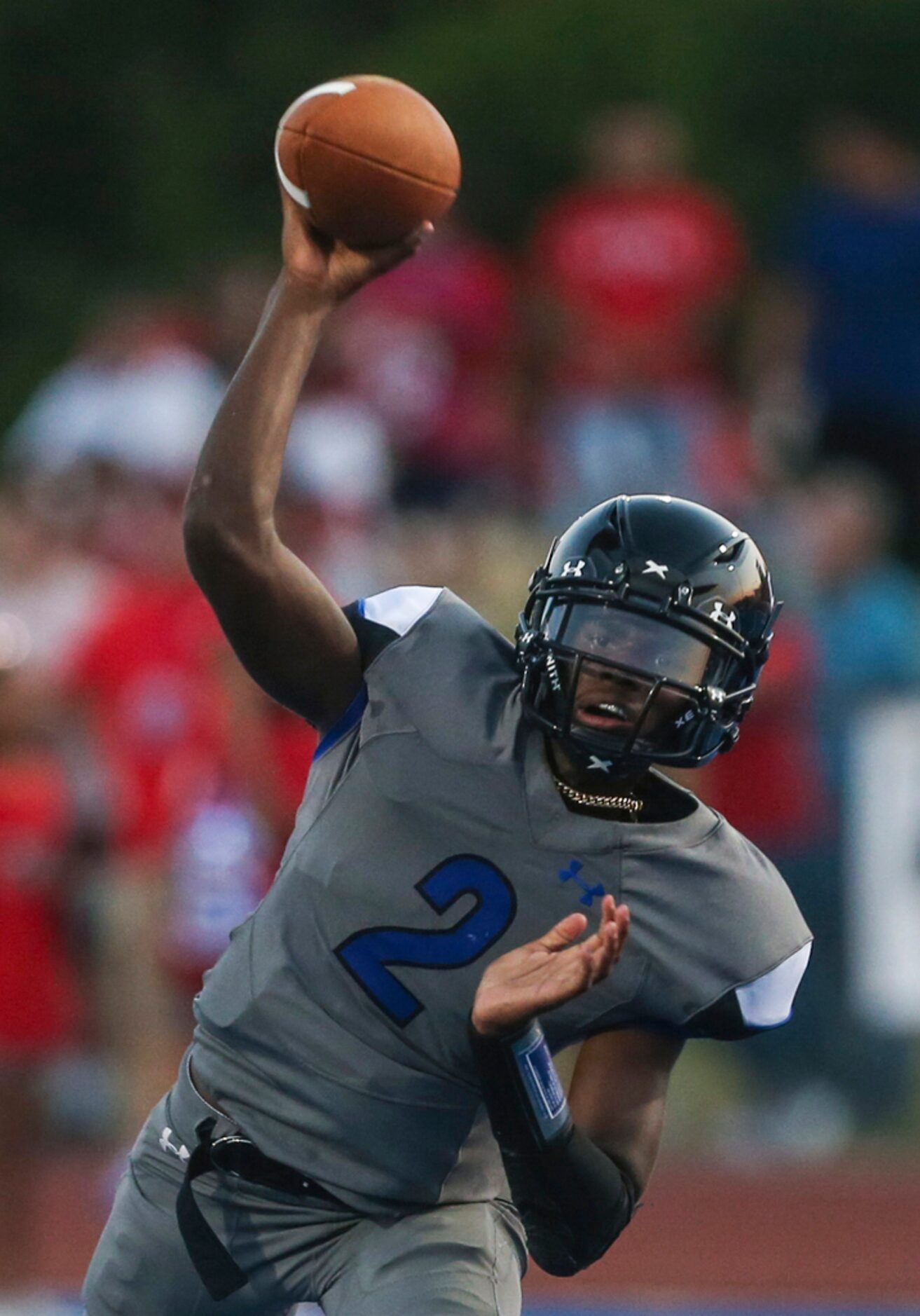 Trinity Christian-Cedar Hills quarterback Shedeur Sanders (2) fires off a pass during a high...