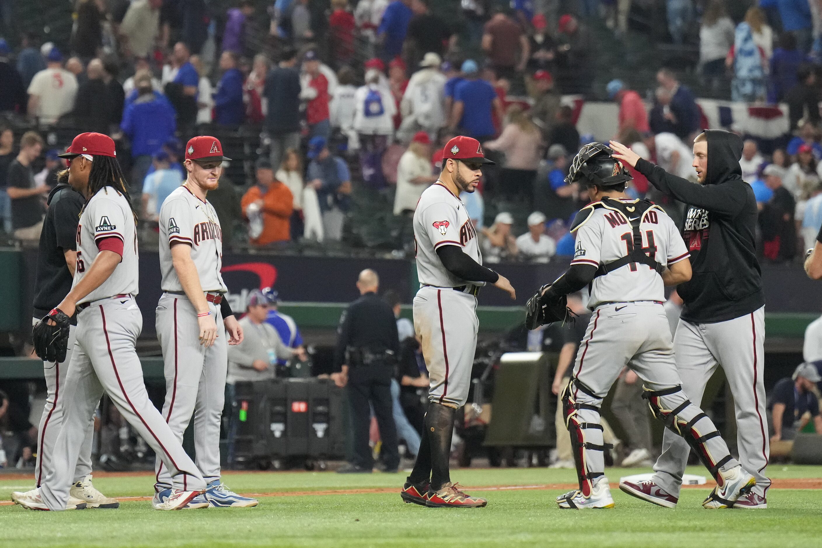 The Arizona Diamondbacks celebrate  after Game 2 of the World Series against the Texas...