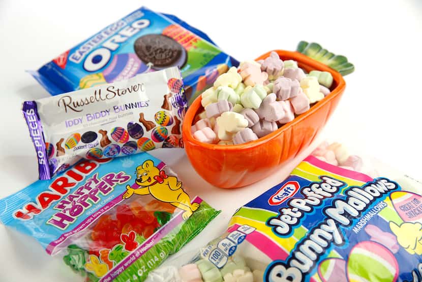 Easter candy including, Jet-Puffed Bunny Mallows marshmallows, Haribo Happy Hoppers gummy...