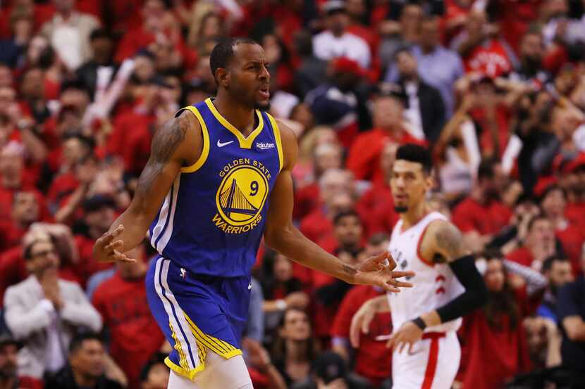 TORONTO, ONTARIO - JUNE 02:  Andre Iguodala #9 of the Golden State Warriors celebrates a...