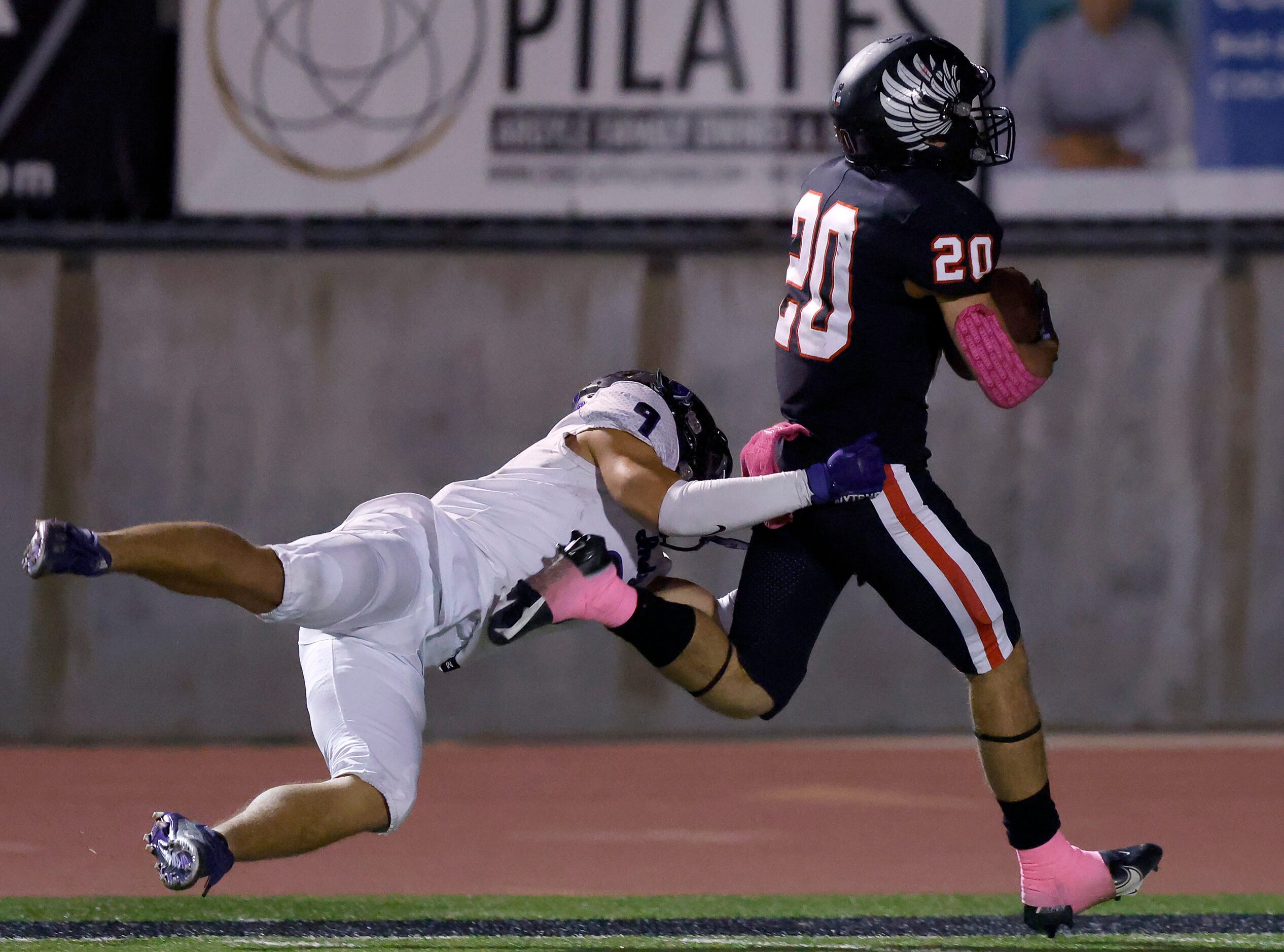 Frisco Independence defensive back Elijah Knott (9) makes a last second to stop of Argyle...