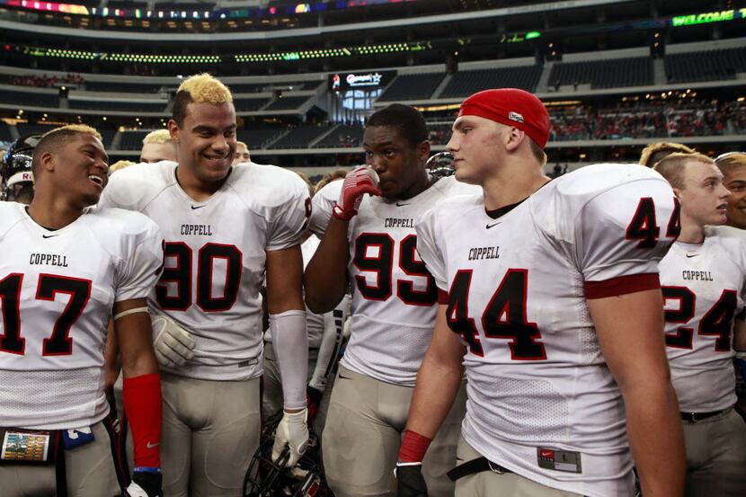 Coppell players Chris Bates (17), Soloman Thomas (90), William Udeh (99) and Cole Odette...