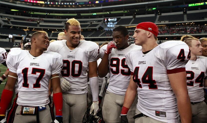 Coppell players Chris Bates (17), Soloman Thomas (90), William Udeh (99) and Cole Odette...