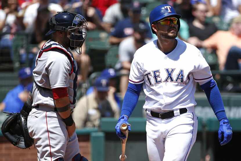 ARLINGTON, TX - MAY 6: Renato Nunez #20 of the Texas Rangers strikes out against the Boston...