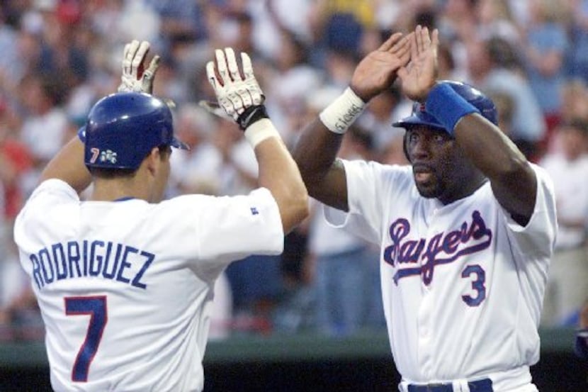 ORG XMIT: S11AA4207 8/1/99--Texas Rangers Ivan Rodriguez celebrates his two-run home-run...
