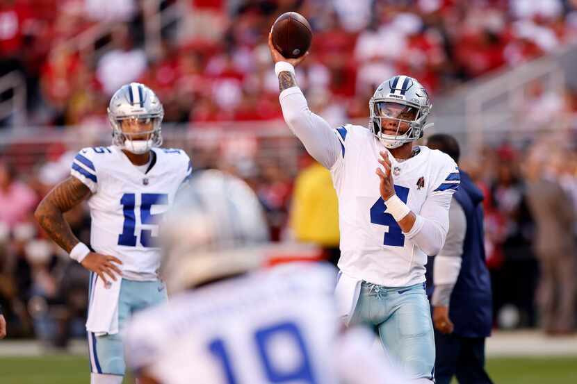 Dallas Cowboys quarterback Dak Prescott (4) throws to receivers during pregame warmups...