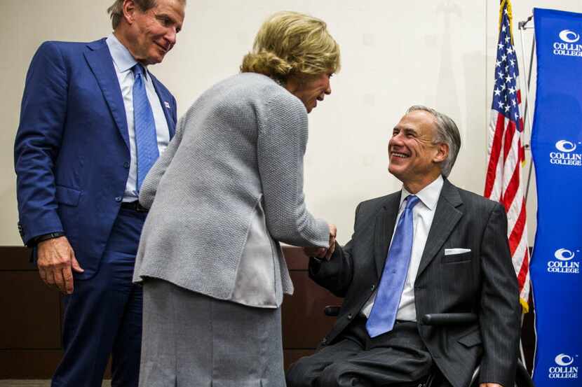  Gov. Greg Abbott talks with former Sen. Florence Shapiro, R-Plano, during a news conference...