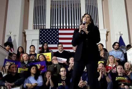 Democratic presidential candidate Sen. Kamala Harris, D-Calif., speaks at a campaign event...