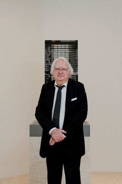 Richard Meier with a model for a residential tower in Manhattan, March 8, 2018. 