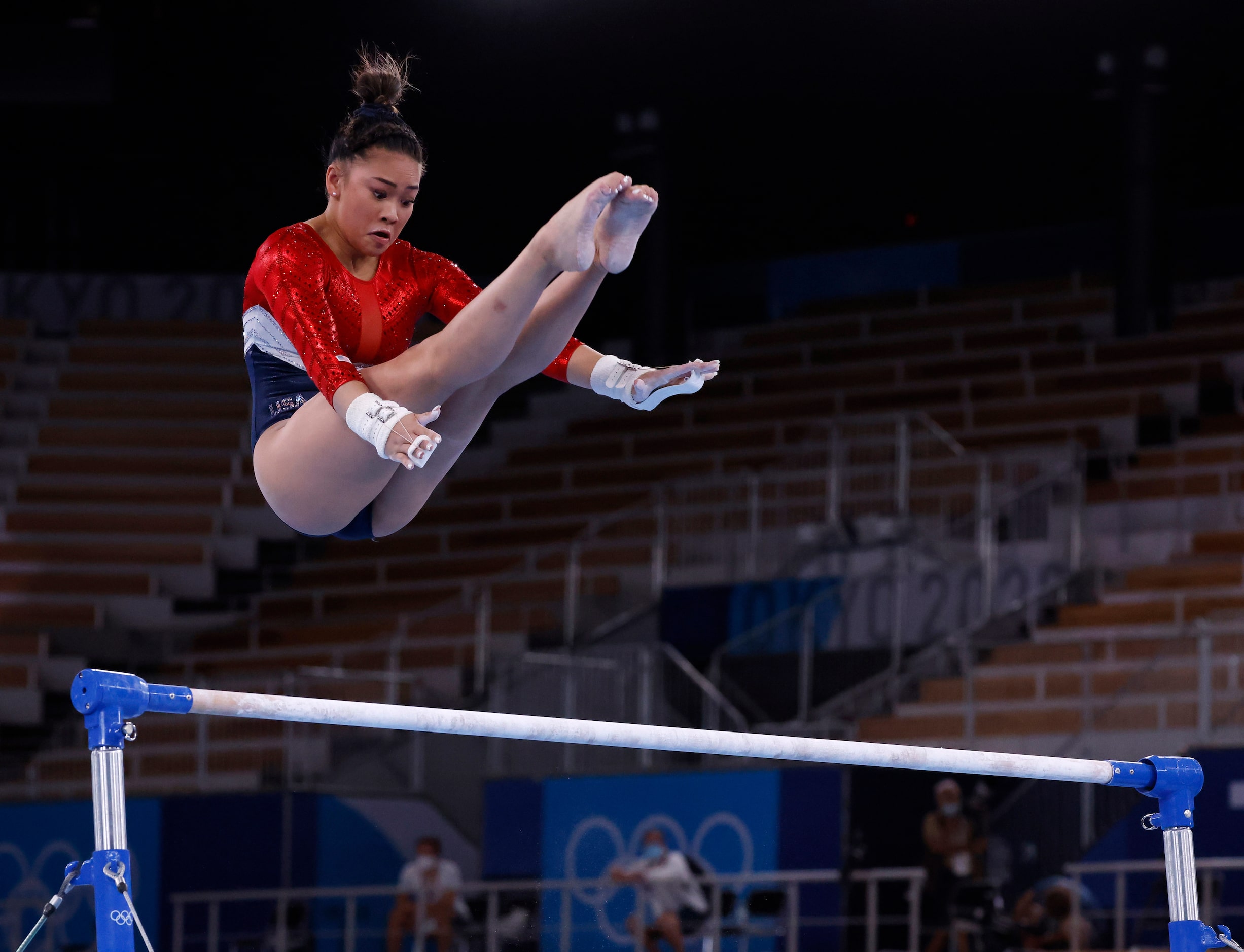 USA’s Sunisa Lee competes on the uneven bars during the artistic gymnastics women’s team...