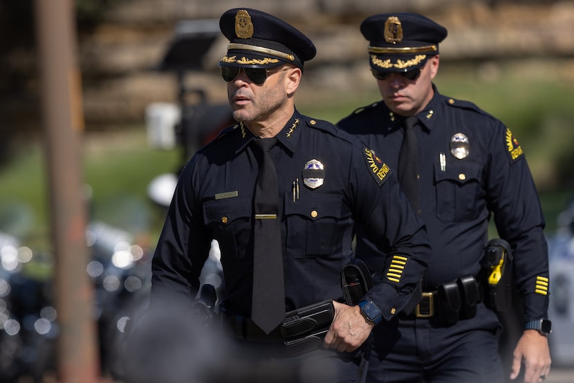 DPD Chief Eddie Garcia speaks with media at the funeral service of Darron Burks, the...