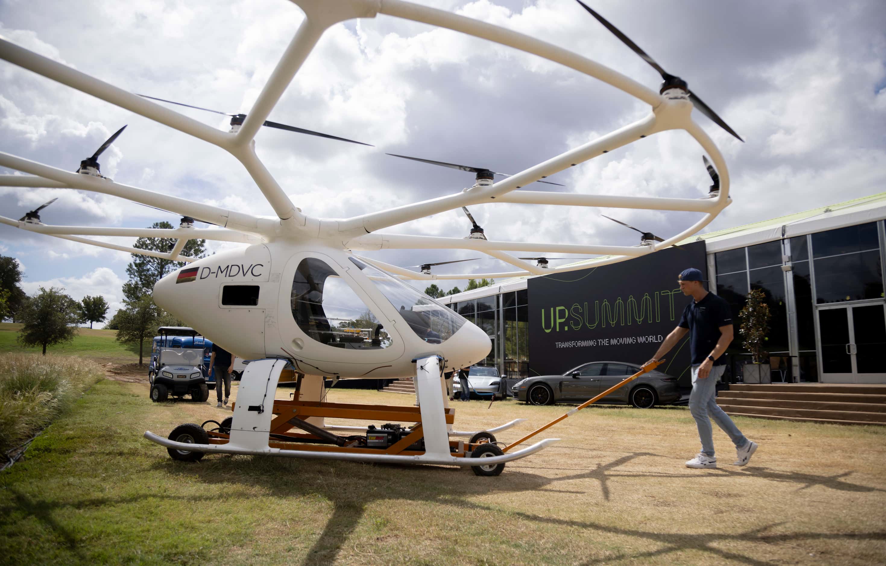 Volocopter's eVTOL aircraft is put on display during the UP.Summit 2023 at the Circle T...