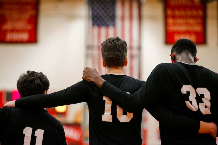 Lake Highlands senior forward Mohamad Shamait (10) stands with his teammates during the...